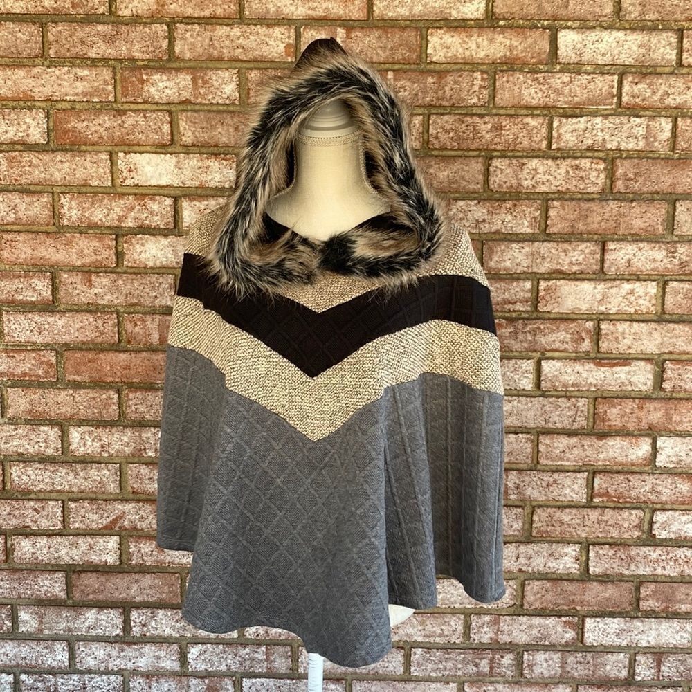 THML Neutral Faux Fur Hooded Poncho Cape - Size M/L